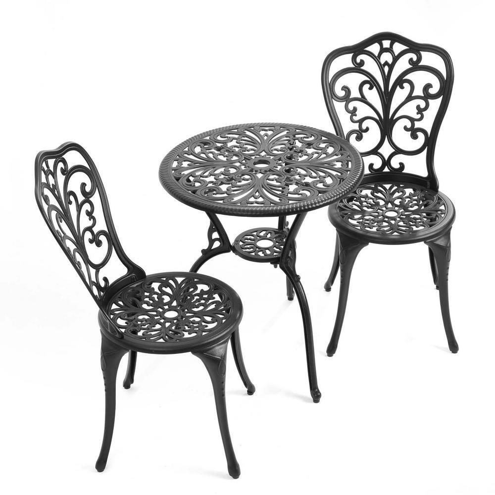 Black Cast Aluminum 3-Piece Outdoor Bistro Set with Round Table