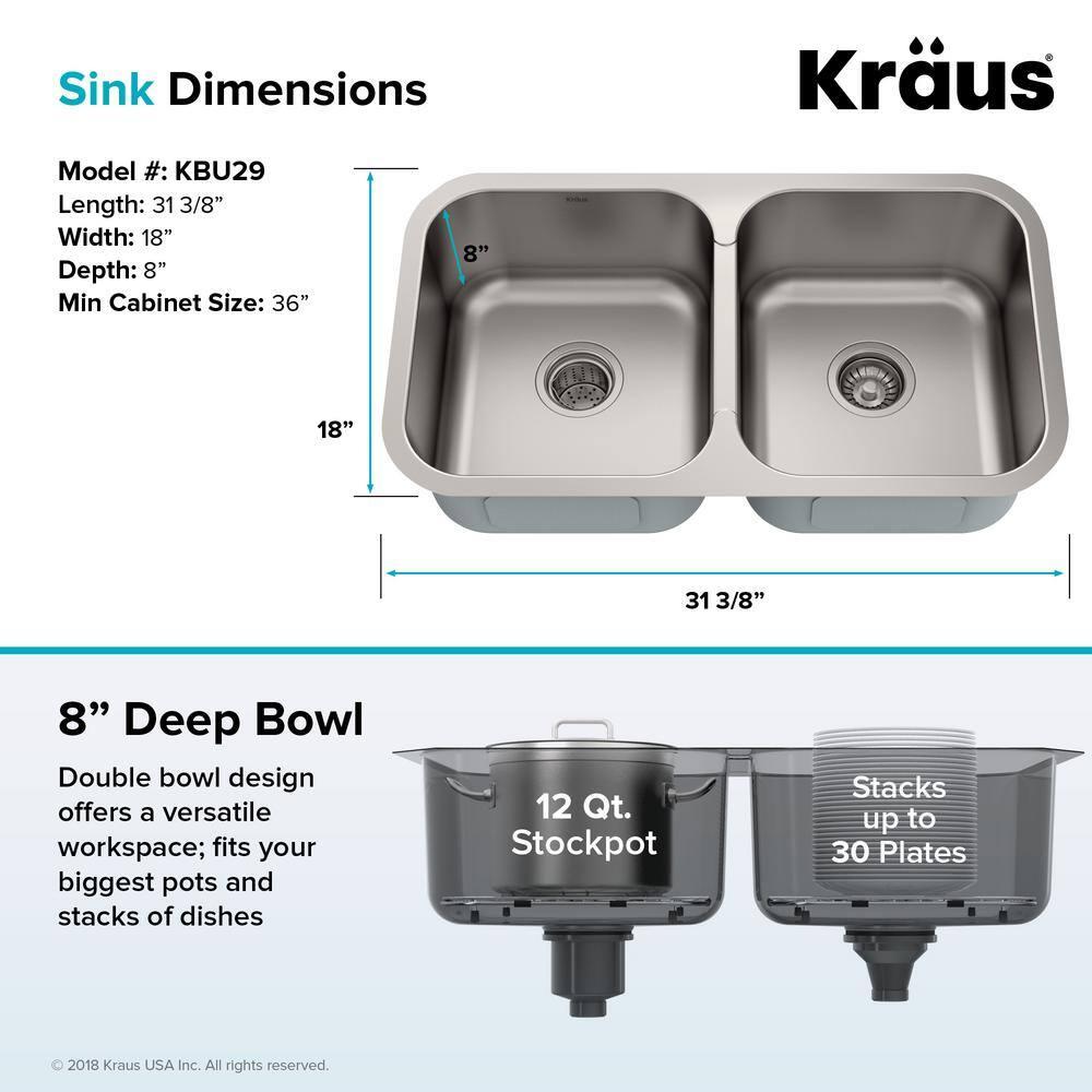 Kraus KRAUS Premier 32-inch L 18 Gauge Undermount 50/50 Double Bowl Stainless Steel Kitchen Sink KBU29