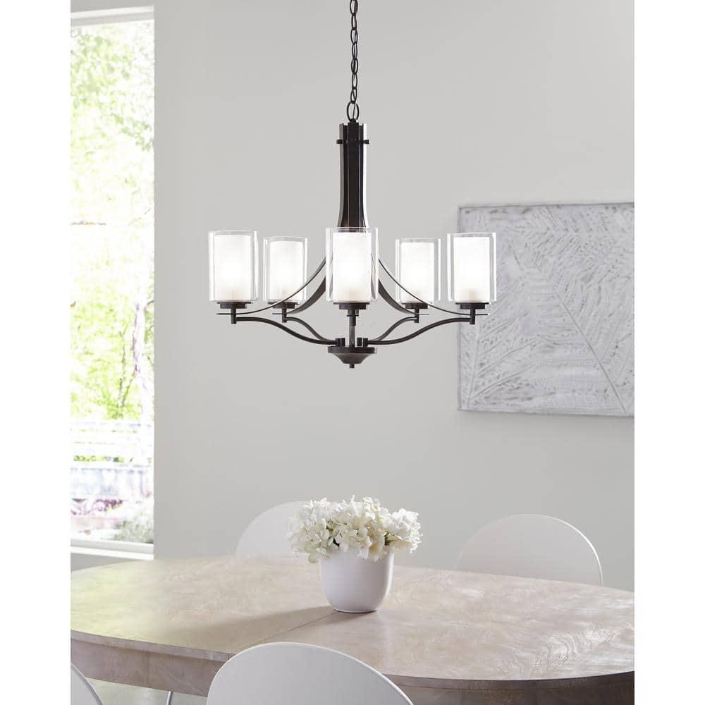 Elmwood Park 5-Light Bronze Modern Transitional Hanging Candlestick Chandelier with Satin Etched Glass Shades