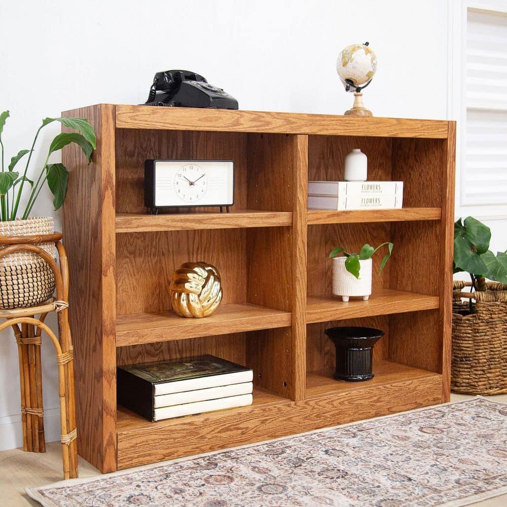 Concepts in Wood 6 Shelf Double Wide Wood Bookcase, 36 inch Tall - Oak Finish