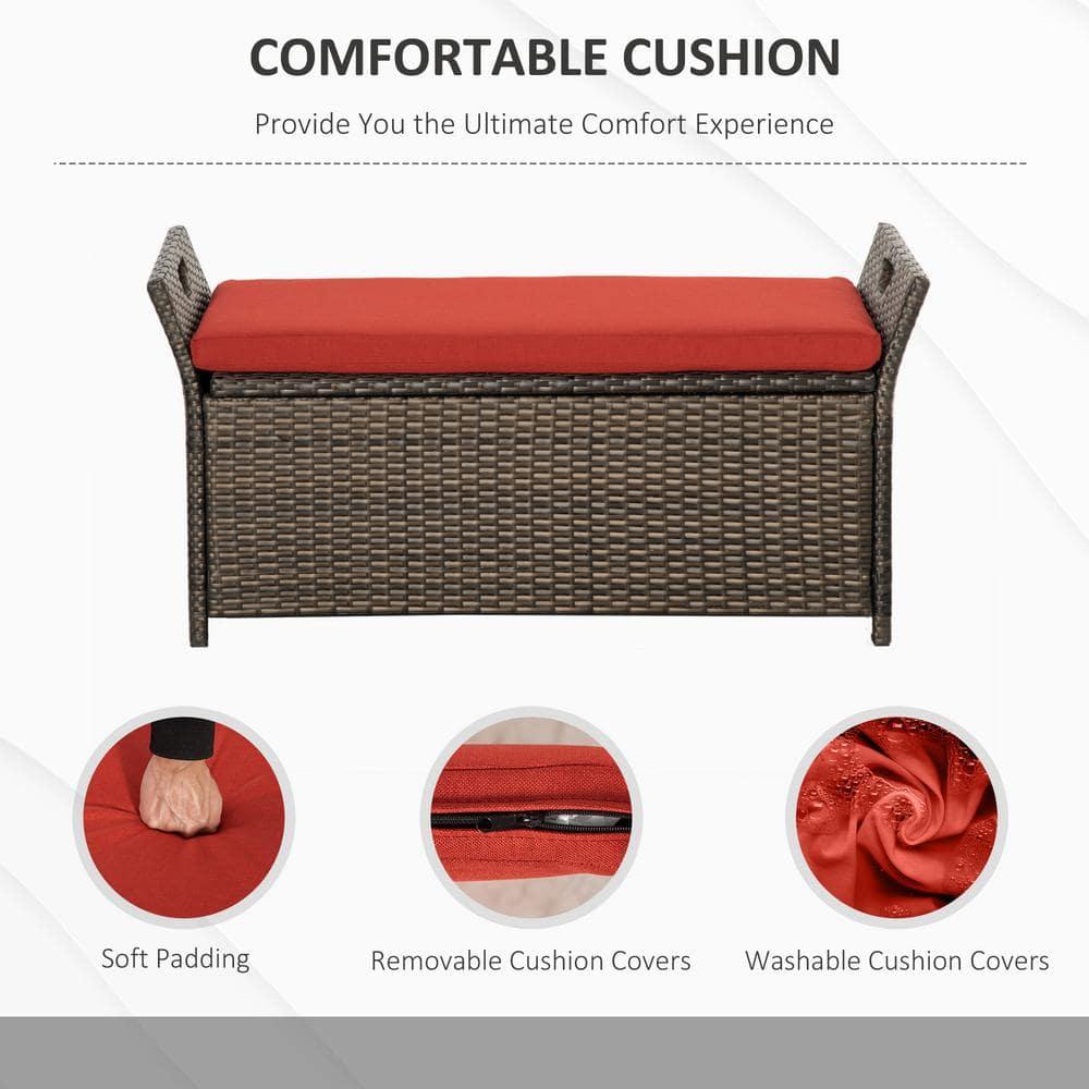 Outsunny 27 Gallon Patio Wicker Storage Bench, Outdoor PE Rattan Patio Furniture, 2-In-1 Footstool Rectangle Basket Box w/ Handles & Cushion, Red