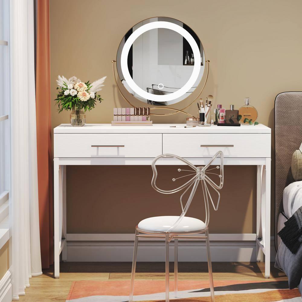 Tribesigns Modern Computer Desk with 2 Drawers, 41 Inches Study Writing Office Desk for Home Office, Bedroom, Makeup Vanity Table Desk with Metal Frame, White