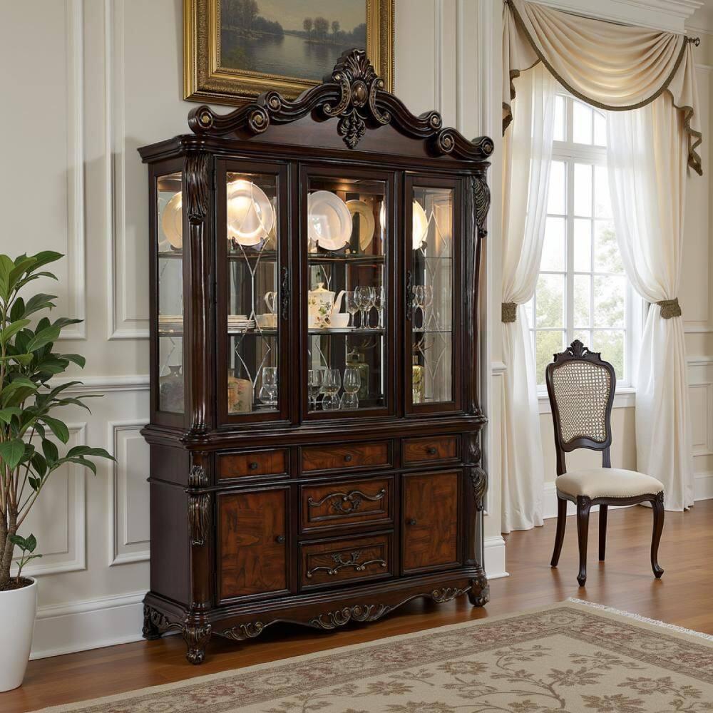 Benjara Zenie Buffet Cabinet and Hutch, Classic Carved, Cherry Brown Solid Wood