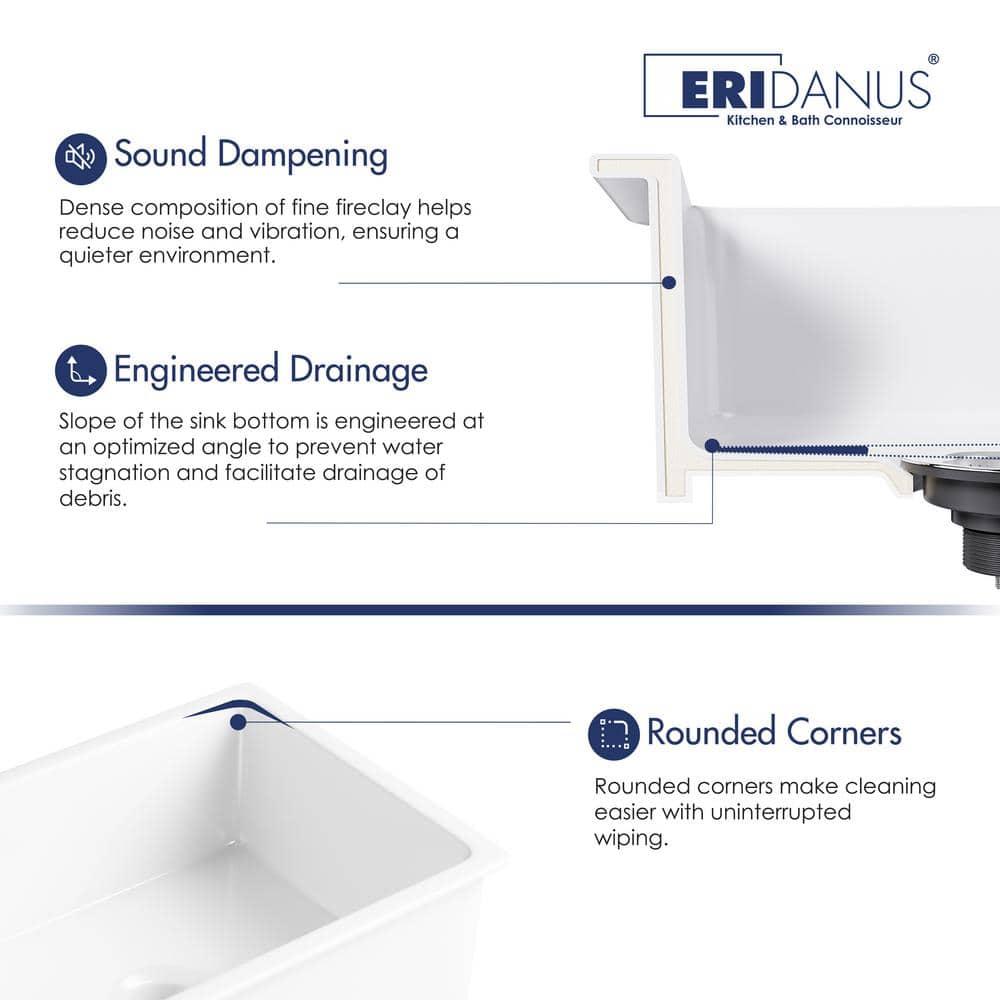 Oslo White Single Bowl Fireclay Undermount Kitchen Sink with Basket Strainer and Bottom Grid