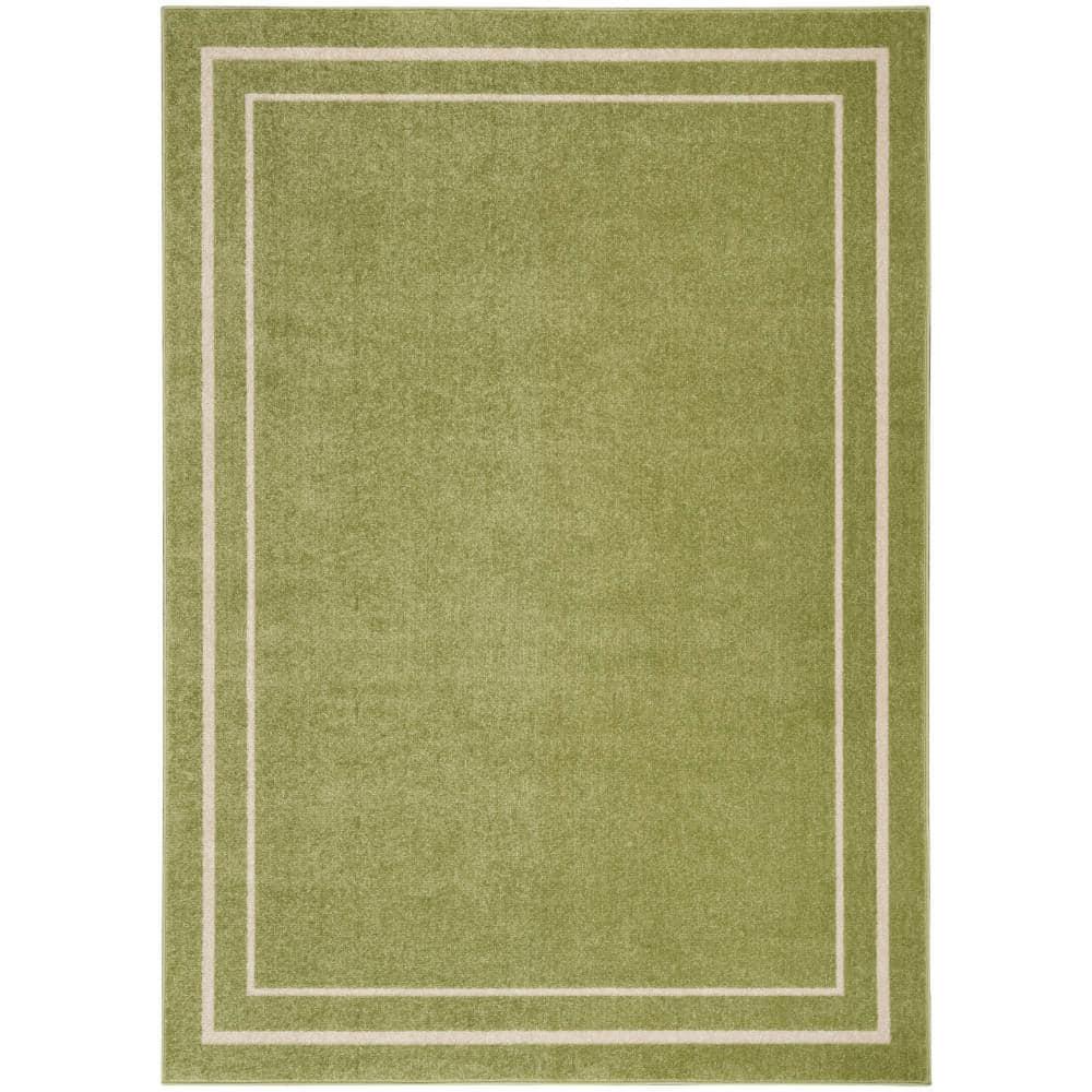 Nourison Essentials Solid Bordered Low Pile Indoor Outdoor Area Rug 5' x 7' Green Ivory