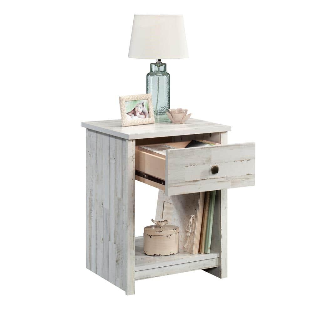 River Ranch Nightstand with Drawer White Plank - Sauder: Farmhouse Style Bedside Table with Open Shelf