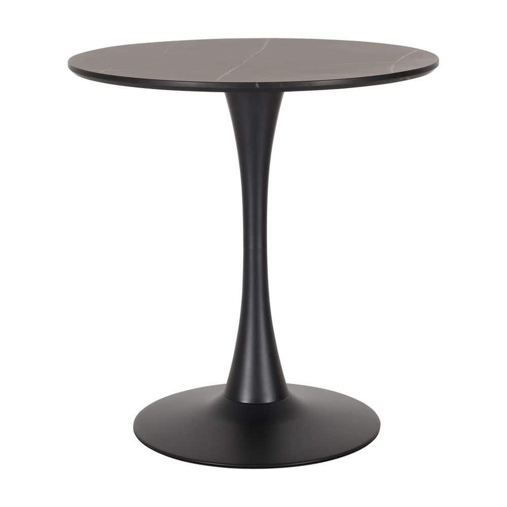 CorLiving Ivo Modern Round Black Marbled Engineered Wood and Steel Pedestal Dining Table - Small Pedestal Dining Room Table for 3, Ideal Small Round Kitchen Table, Bistro Cafe Table