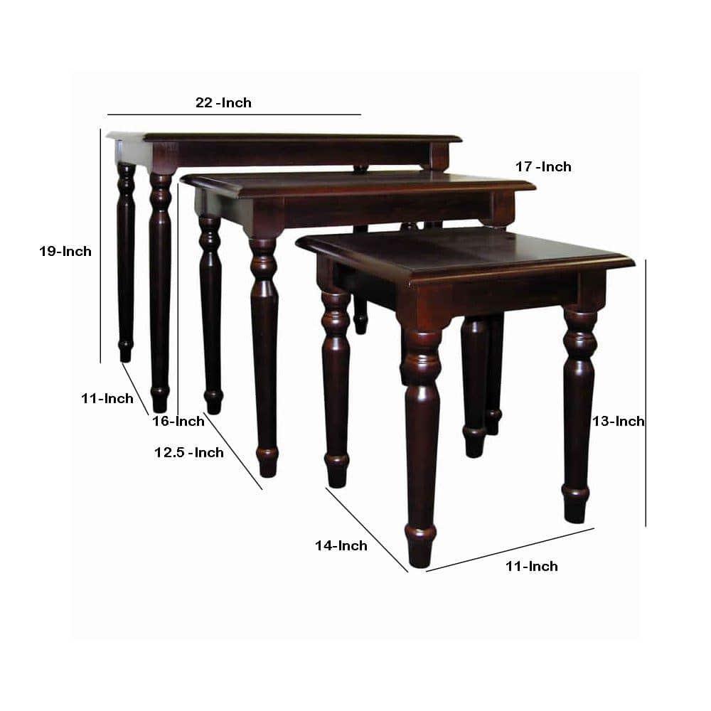Cherry Brown Solid Wood 3-Piece Nesting Table Set with Turned Tapered Legs