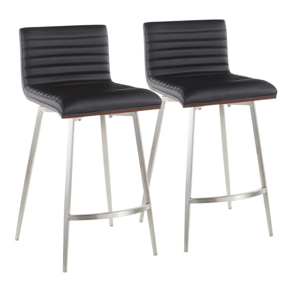 LumiSource Set of 2 Mason Contemporary Swivel Counter Height Barstools Black: Faux Leather, Steel Legs, Fixed 26" Seat Height