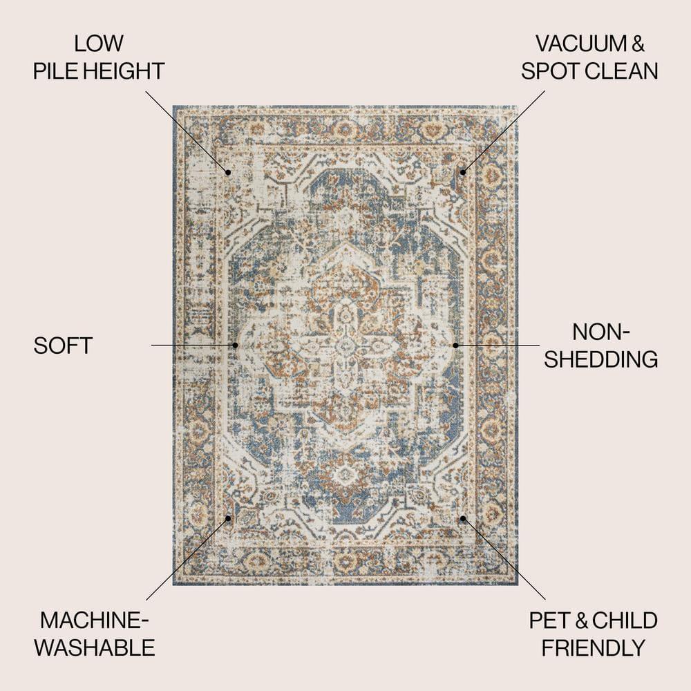 JONATHAN Y Keesha Bold Distressed Medallion Low-Pile Machine-Washable Blue/Cream 4 ft. x 6 ft. Area Rug