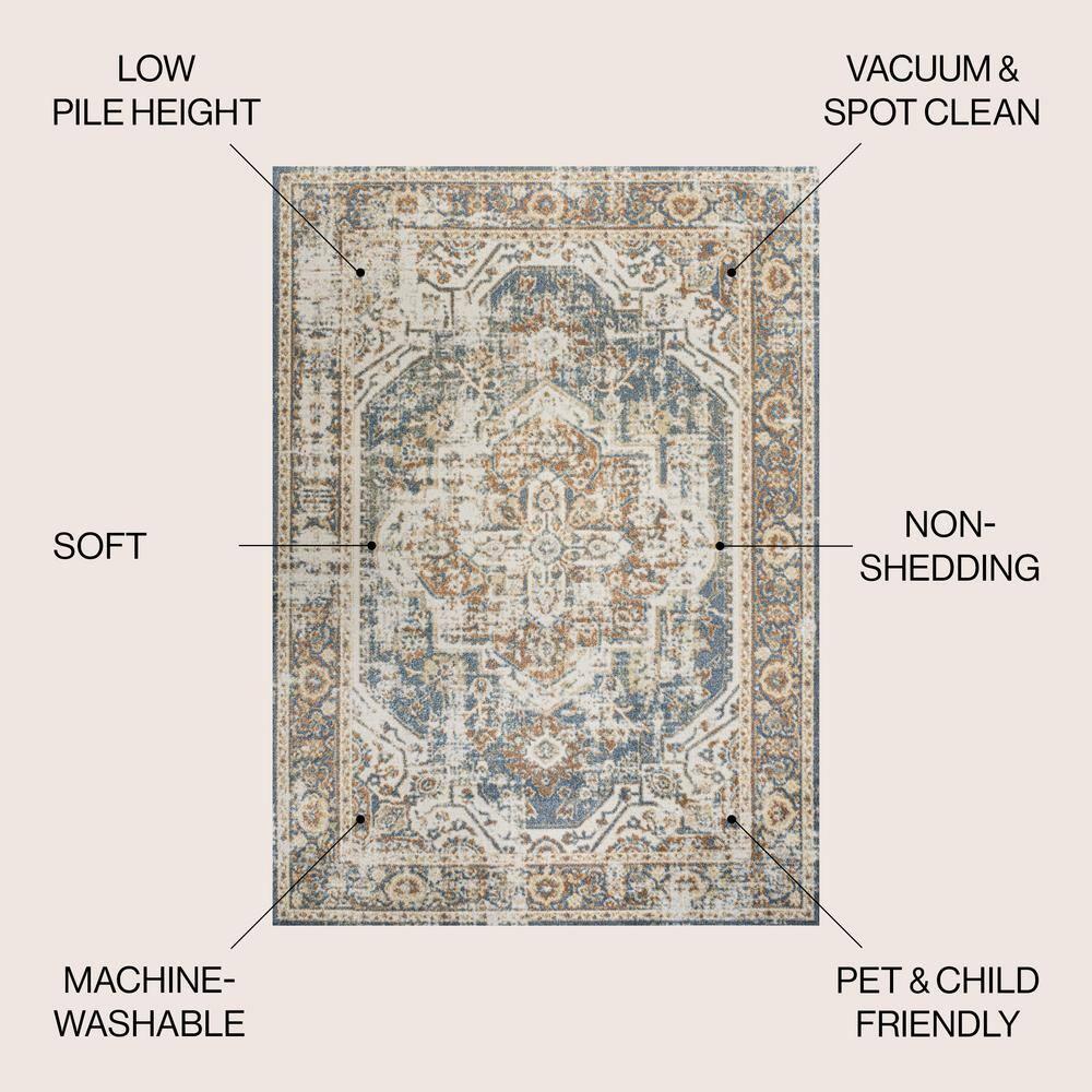 JONATHAN Y Keesha Bold Distressed Medallion Low-Pile Machine-Washable Blue/Cream 5 ft. x 8 ft. Area Rug