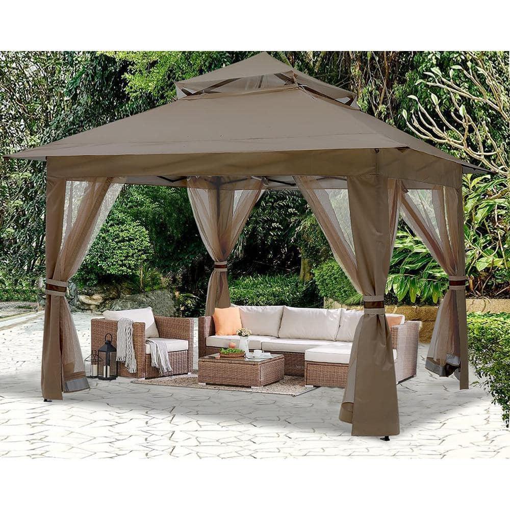 ABCCANOPY 13'x13' Gazebo Tent Outdoor Pop up Gazebo Canopy Shelter with Mosquito Netting, Brown