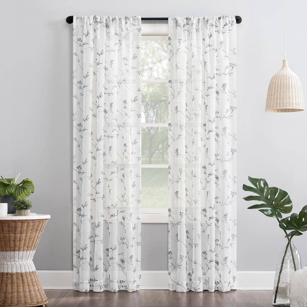 63"x50" Delia Embroidered Floral Sheer Rod Pocket Curtain Panel White - No. 918: Modern Botanical Polyester