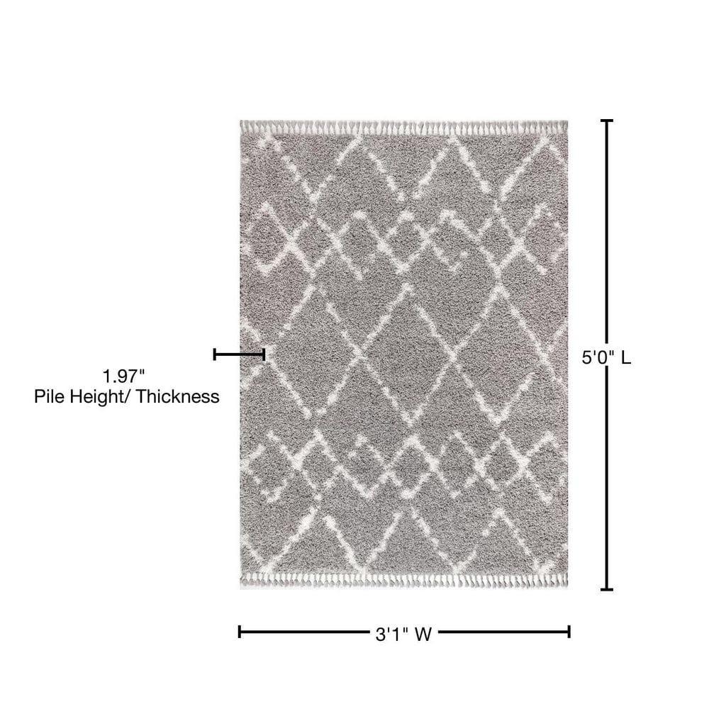 3'x5' Mercer Shag Plush Tassel Moroccan Geometric Trellis Area Rug, Grey/Cream - JONATHAN Y