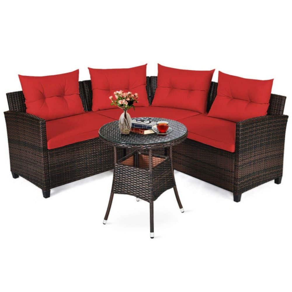 Costway 4PCS Outdoor Patio Rattan Furniture Set Cushioned Sofa Table Red