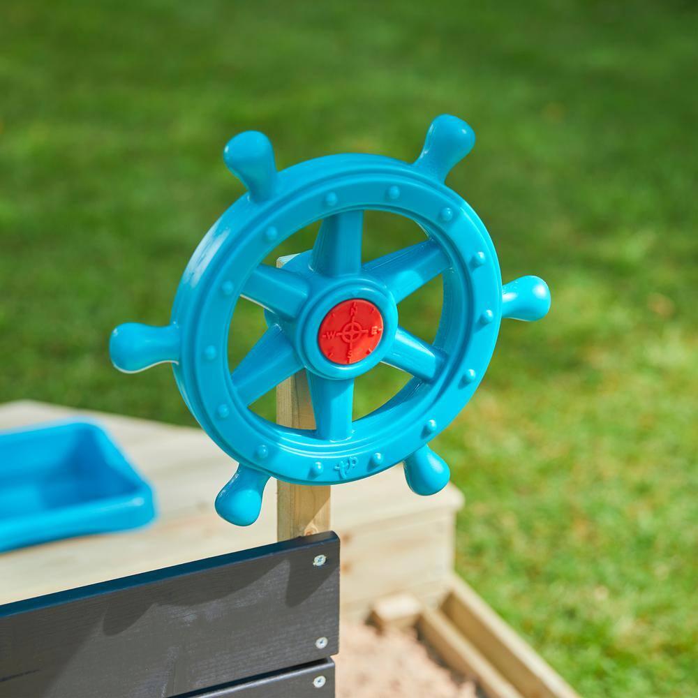 TP Ahoy Wooden Sandbox Pirate Ship Play Boat with Canopy – Kids Outdoor Sand & Water Toy with Captain’s Wheel, Blackboard, Splash Bowl & Storage | FSC Certified | Compact & Space-Saving Design