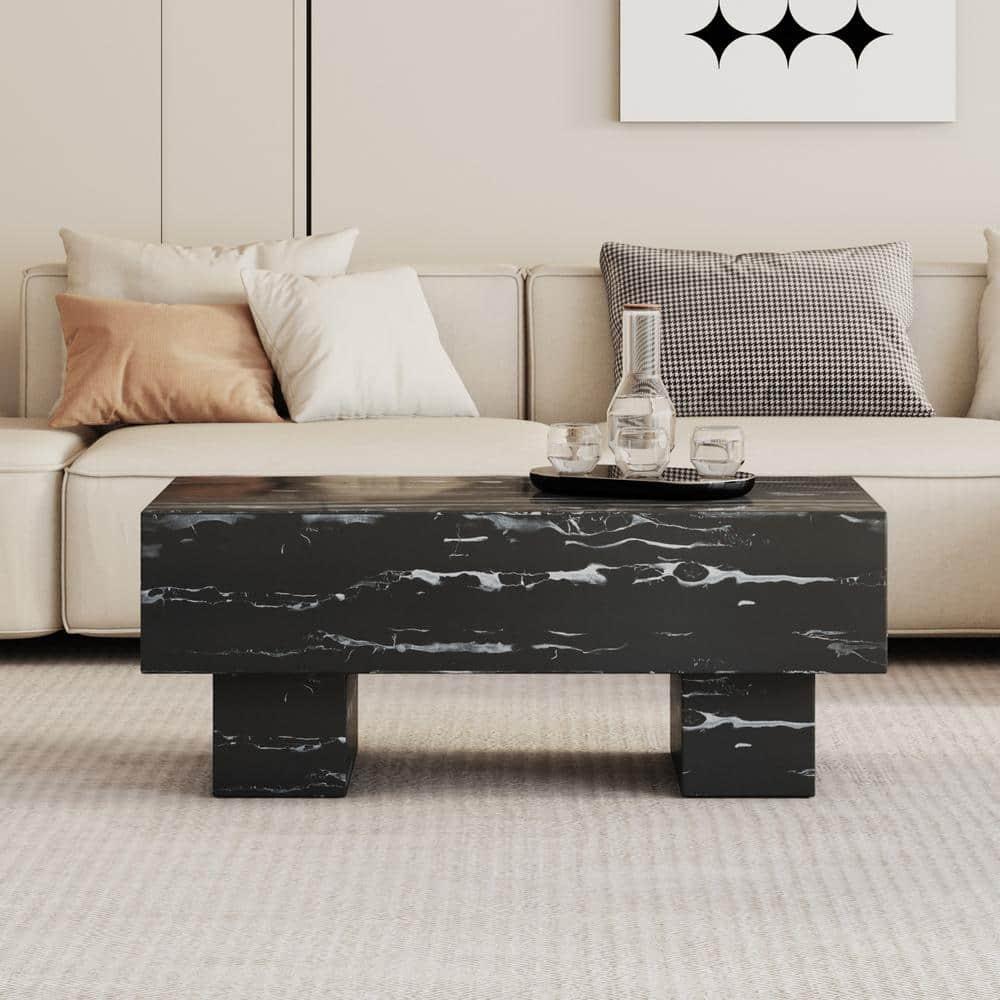 43" Marble White Cool Coffee Table for Living Room,Rectangular Contemporary Center Table for Waiting Area,Black