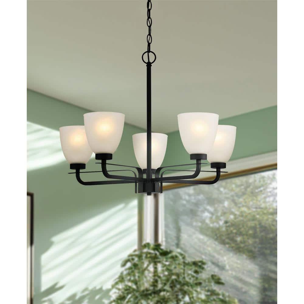 Mini Coal Black 5-Light Chandelier with Etched Glass Shade