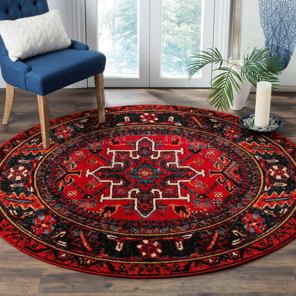 Vintage Hamadan VTH211 Power Loomed Area Rug - Red/Multi - 4' round - Safavieh.