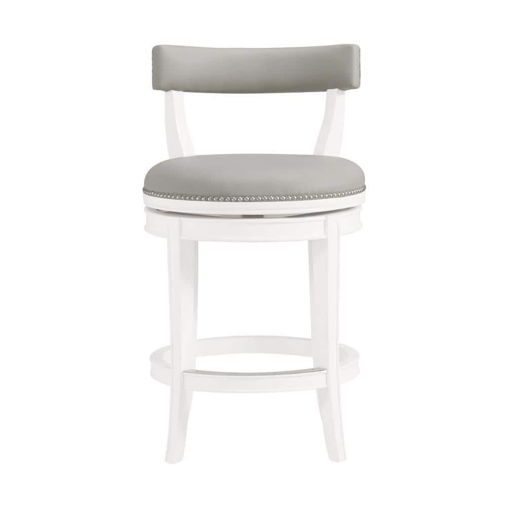 Alaterre Hanover Swivel Bar Height Stool, White and Gray, 30-Inch Seat Height, Solid Rubberwood Frame with Faux Leather Upholstery, Nailhead Trim, Memory Return Swivel, Ideal for Kitchen, Dining Area, Set of 2