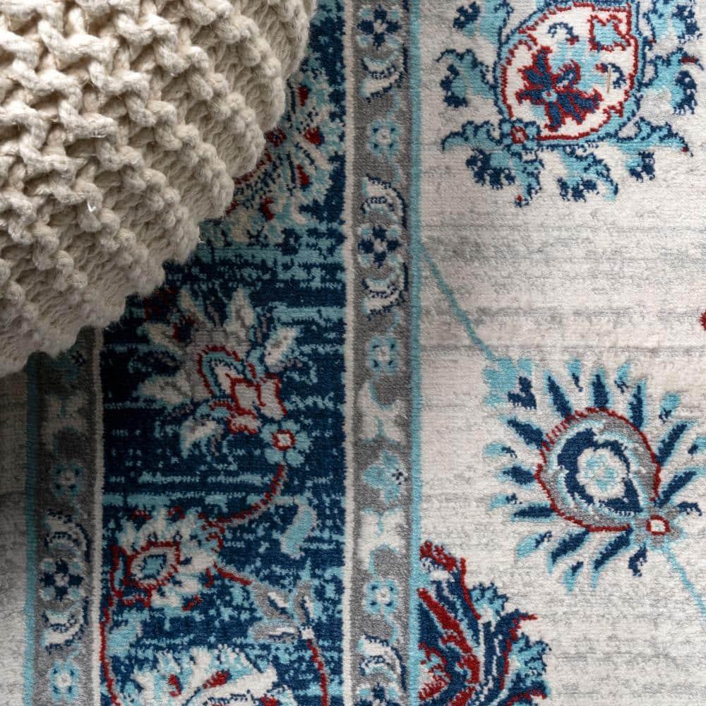 2'x8' Modern Persian Vintage Moroccan Traditional Area Rug, Cream/Navy - JONATHAN Y