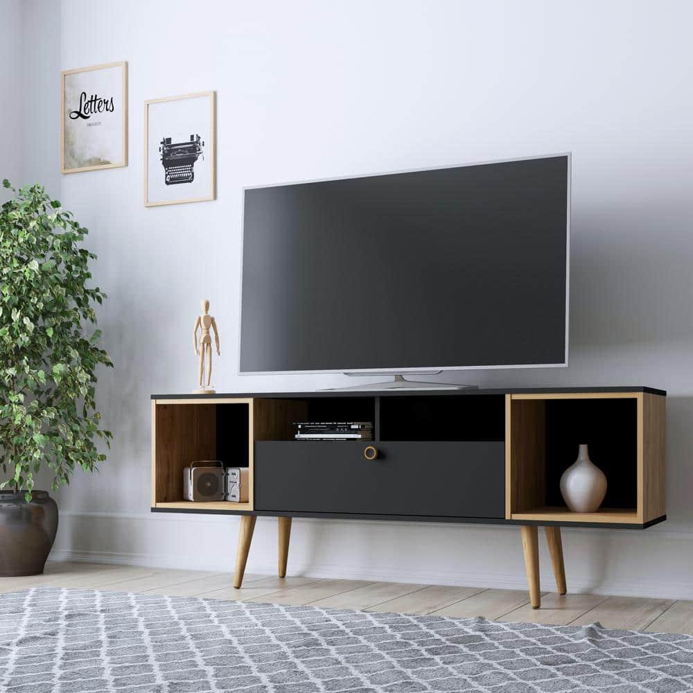 Theodore TV Stand for TVs up to 60" Black/Cinnamon - Manhattan Comfort: Entertainment Center with Cable Management