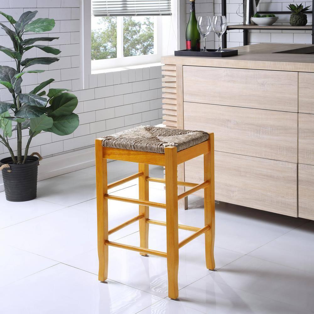 24" Rush Seat Counter Height Barstool Oak - Boraam: Hardwood Frame, Handwoven Seat, Floor Glides