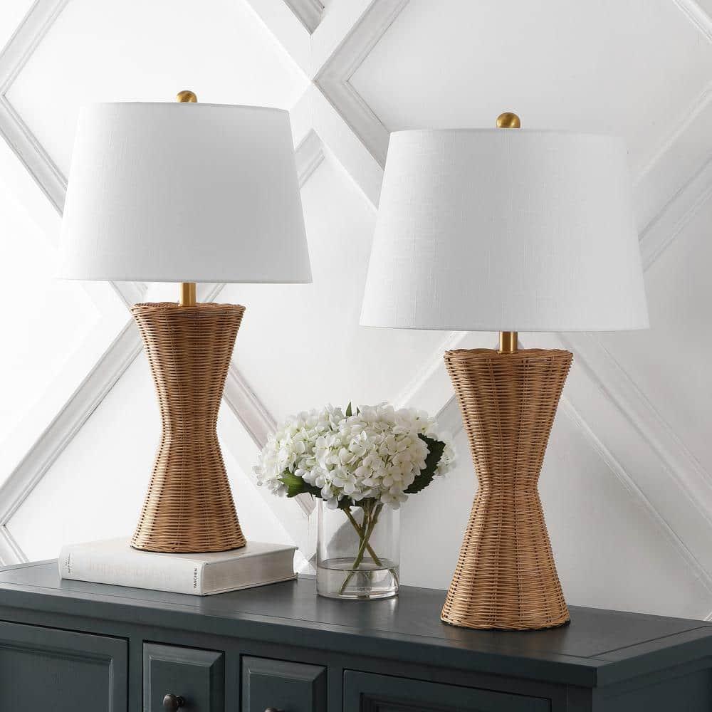 Laura 27 in. Coastal Designer Iron/Rattan Wicker LED Table Lamp Set with Rattan Base and Linen Shade, Natural (Set of 2)