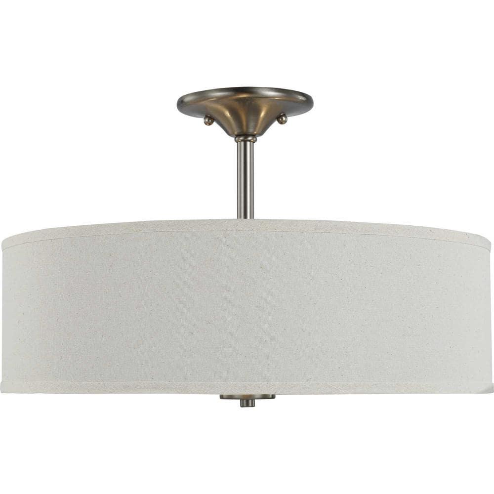 Progress Lighting Inspire 3-Light Semi-Flush Mount, Brushed Nickel, Off-White Linen Shade
