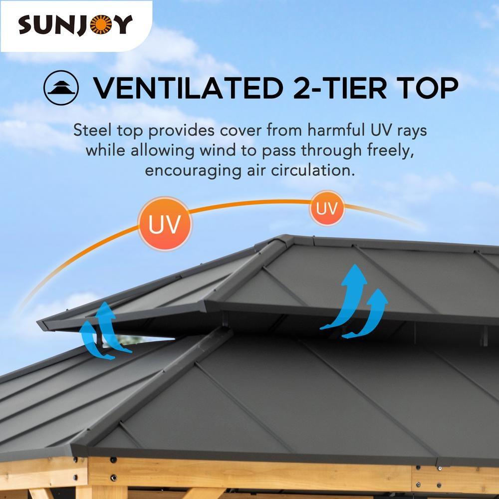 Sunjoy Sunjoy 12x16 ft. Wood Gazebo, Outdoor Patio Steel Hardtop Gazebo, Cedar Framed Wooden Gazebo with 2-tier Metal Roof, Suitable for Patios, Lawn and Backyard