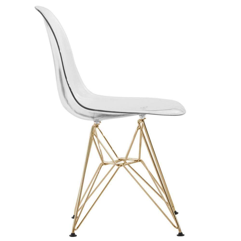 LeisureMod 5-Piece Dining Set with 35" Round Dining Table in White Iron Pedestal Base and 4 ABS Plastic Side Chair with Gold Base, Clear