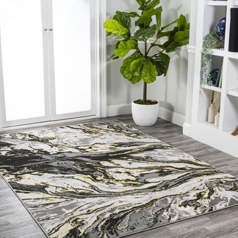 3'x5' Swirl Marbled Abstract, Black/Yellow - JONATHAN Y