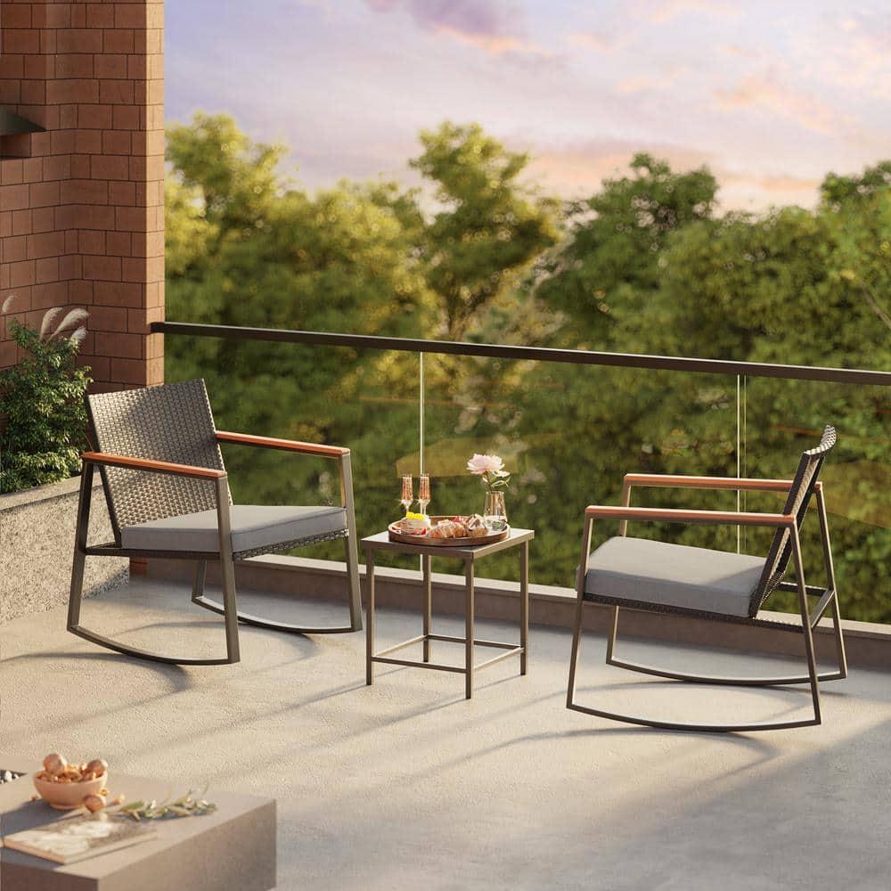 Patio Furniture Set Clearance, 3 Pieces Rocking Wicker Chair with Soft Cushion and Glass Coffee Table, for Garden, Balcony, Backyard, Gray