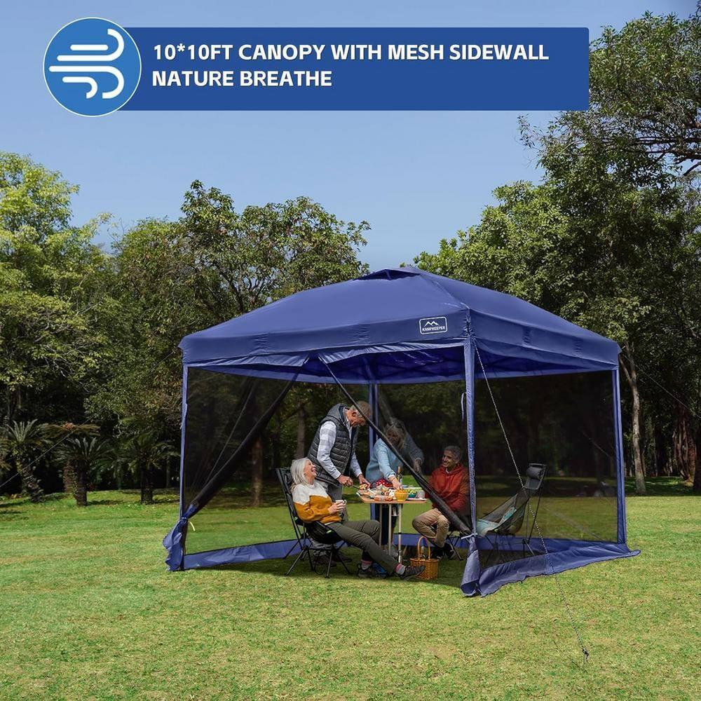 KAMPKEEPER 10x10 Pop Up Canopy Tent with Mosquito Netting - Waterproof Screen Shelter for Sun Shade, Camping, Beach and Outdoor Events, Navy Blue