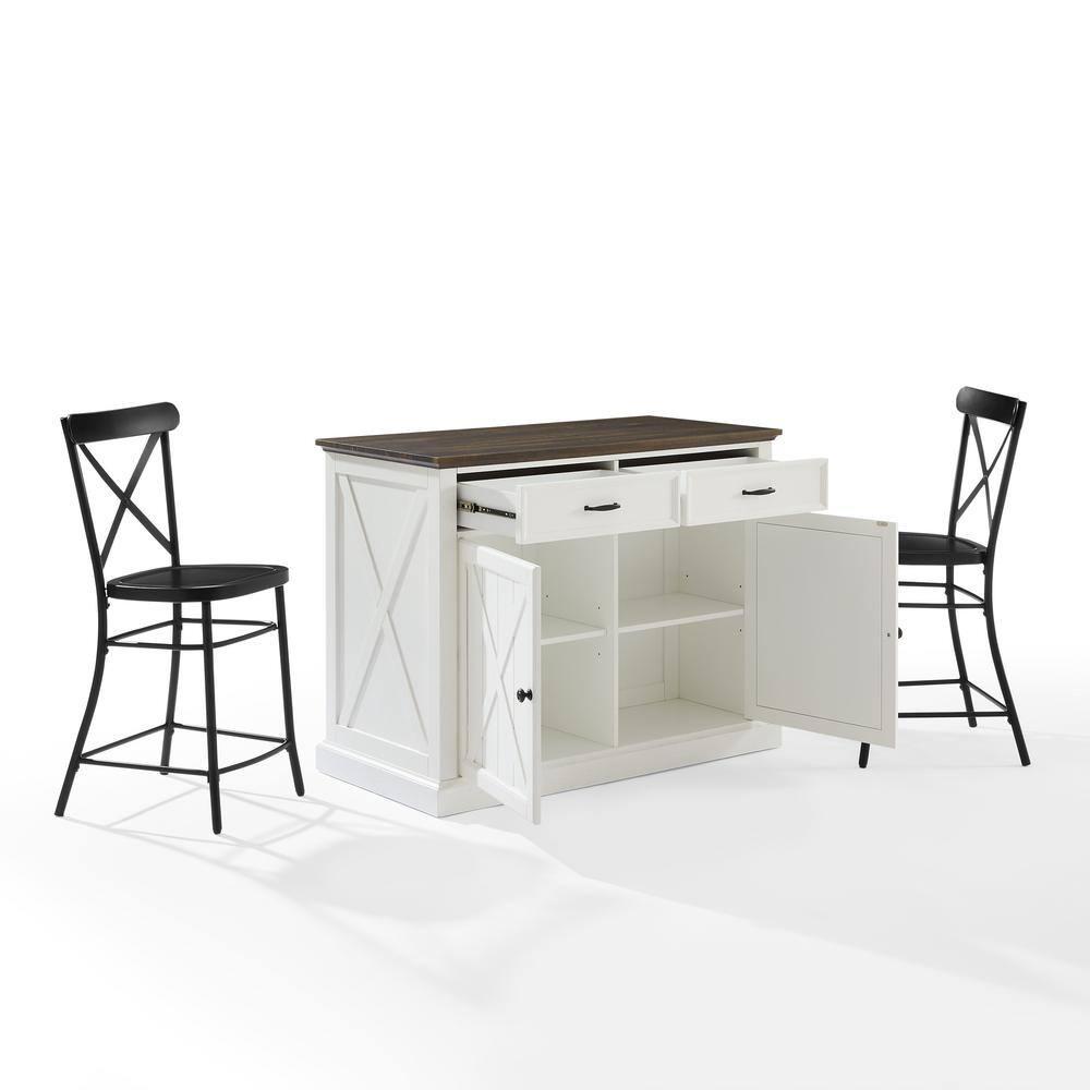 Clifton Kitchen Island with Camille Stools Distressed White/Black - Crosley