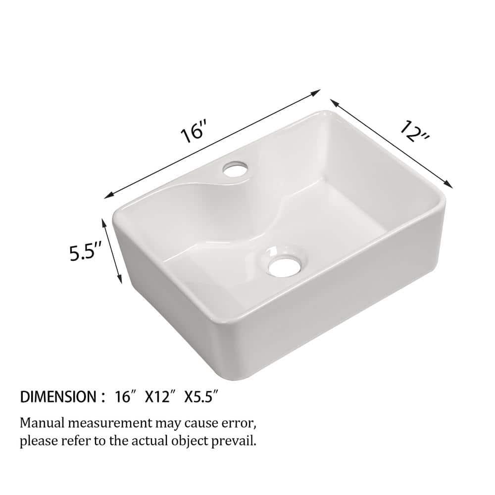 16" x 12" Bathroom Vessel Sink Rectangular Above Counter White Ceramic Vessel Sink with Faucet Hole