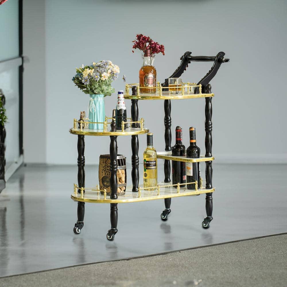 Wood Serving Bar Cart Tea Trolley with 3 Tier Shelves and Rolling Wheels