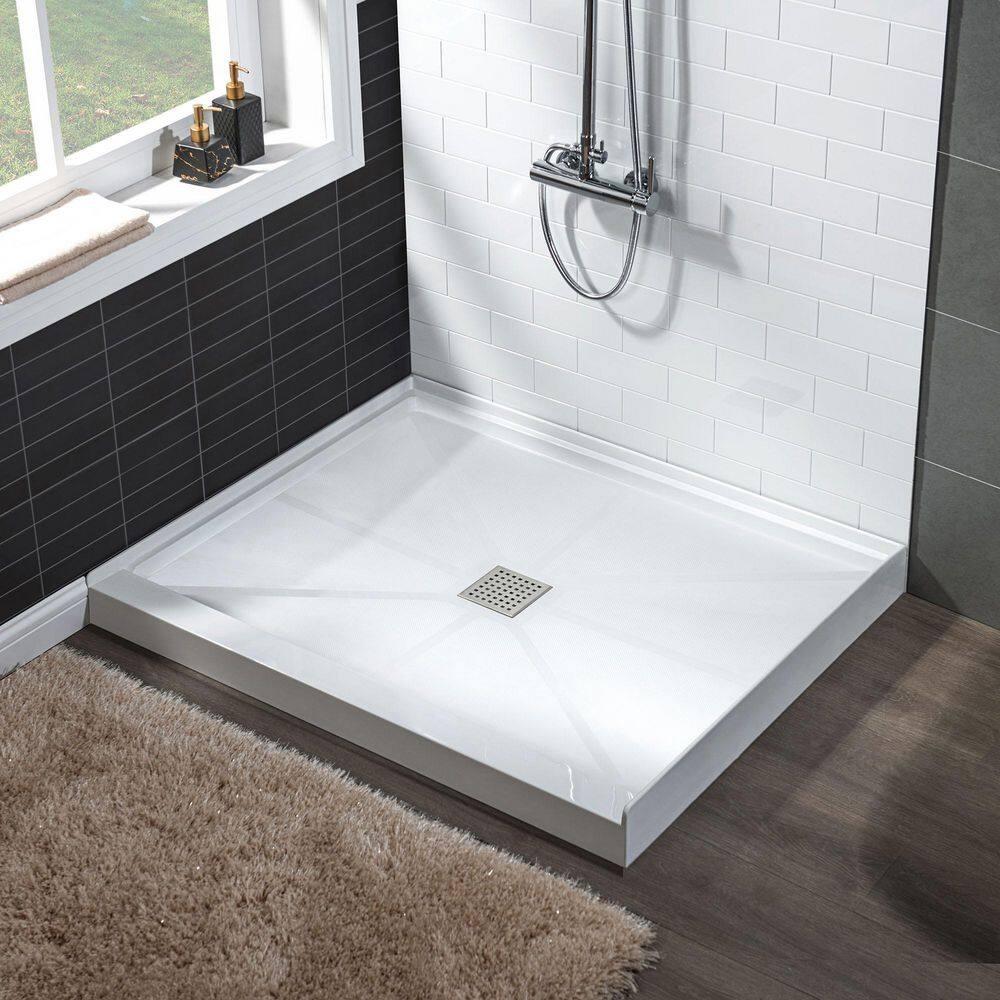 36" Solid Surface Square Single Threshold Shower Pan Base with Drain Assembly & Drain Cover Included, Non-Slip
