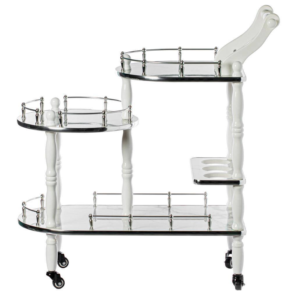 Fabulaxe Wood Serving Bar Cart Tea Trolley with 3 Tier Shelves and Rolling Wheels, Silver, White and Gray
