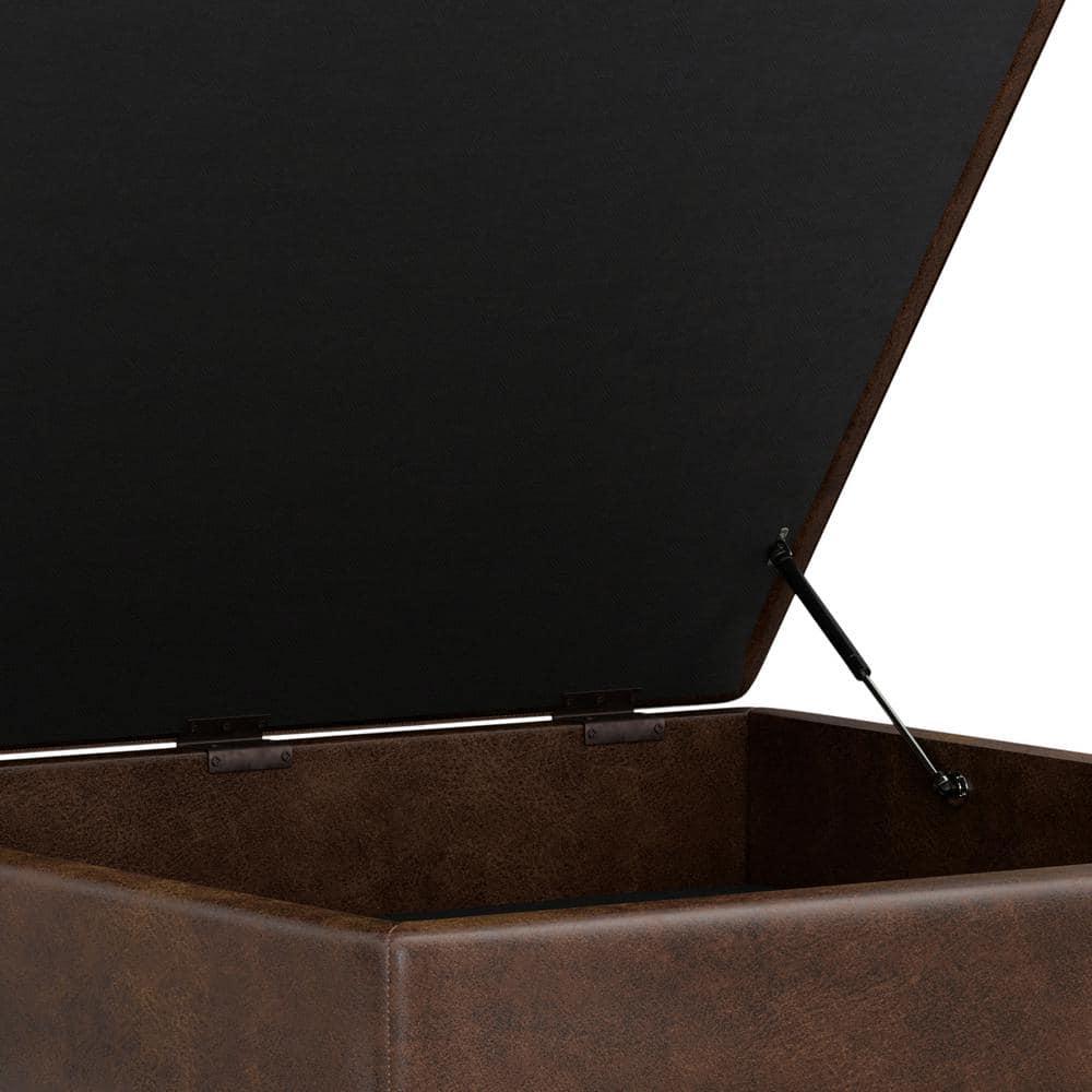 Simpli Home Owen 40"W XL Upholstered Square Coffee Table Storage Ottoman with Lift Top and Solid Wood Legs