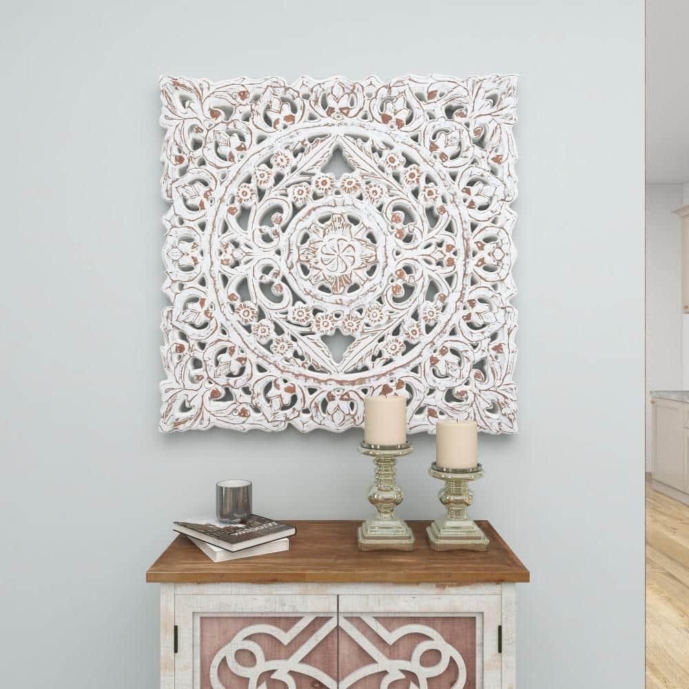 DecMode Traditional Wood Square White Handmade Wall Décor with Carved Mandala Design, 36"W x 36"H