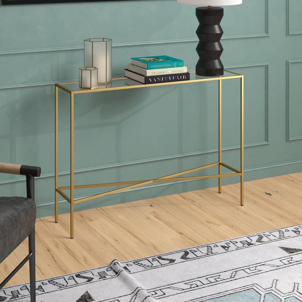 Evelyn&Zoe Henley 42" Wide Rectangular Console Table with Glass Top, Brass