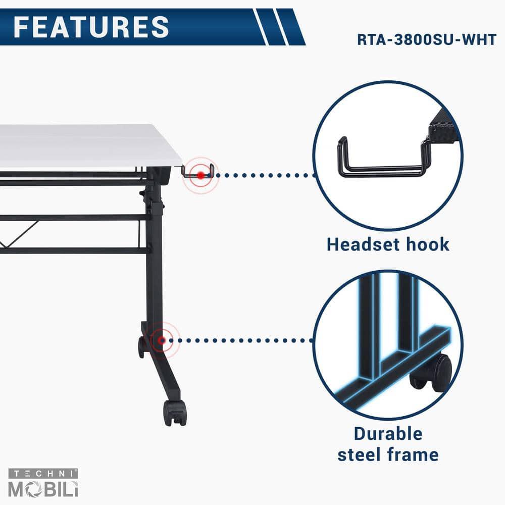 Rolling Writing Desk with Height Adjustable Desktop and Moveable Shelf White - Techni Mobili: Locking Casters, Open Storage