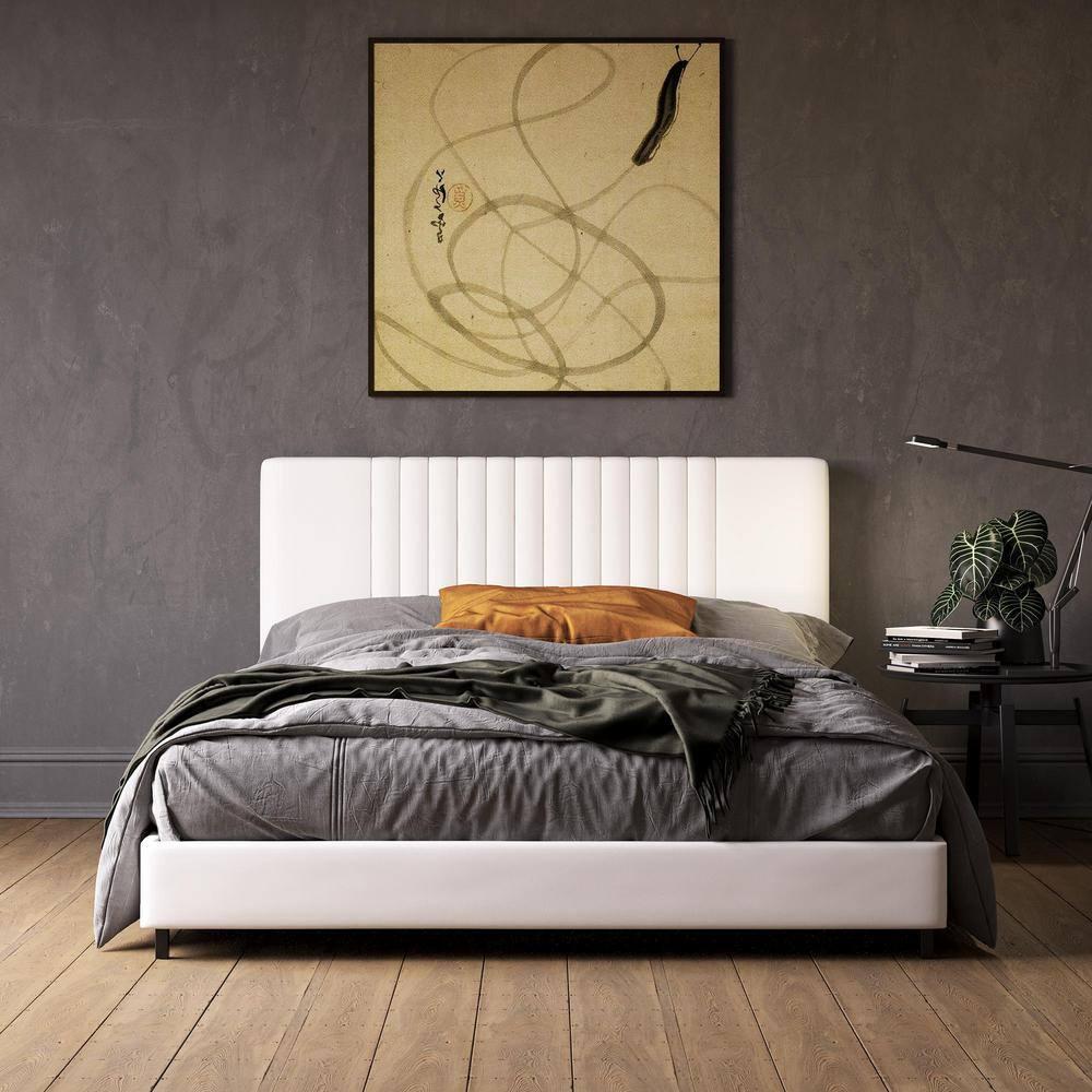 RealRooms Rio Faux Leather Upholstered Platform Bed with Tufted Headboard, Twin, White