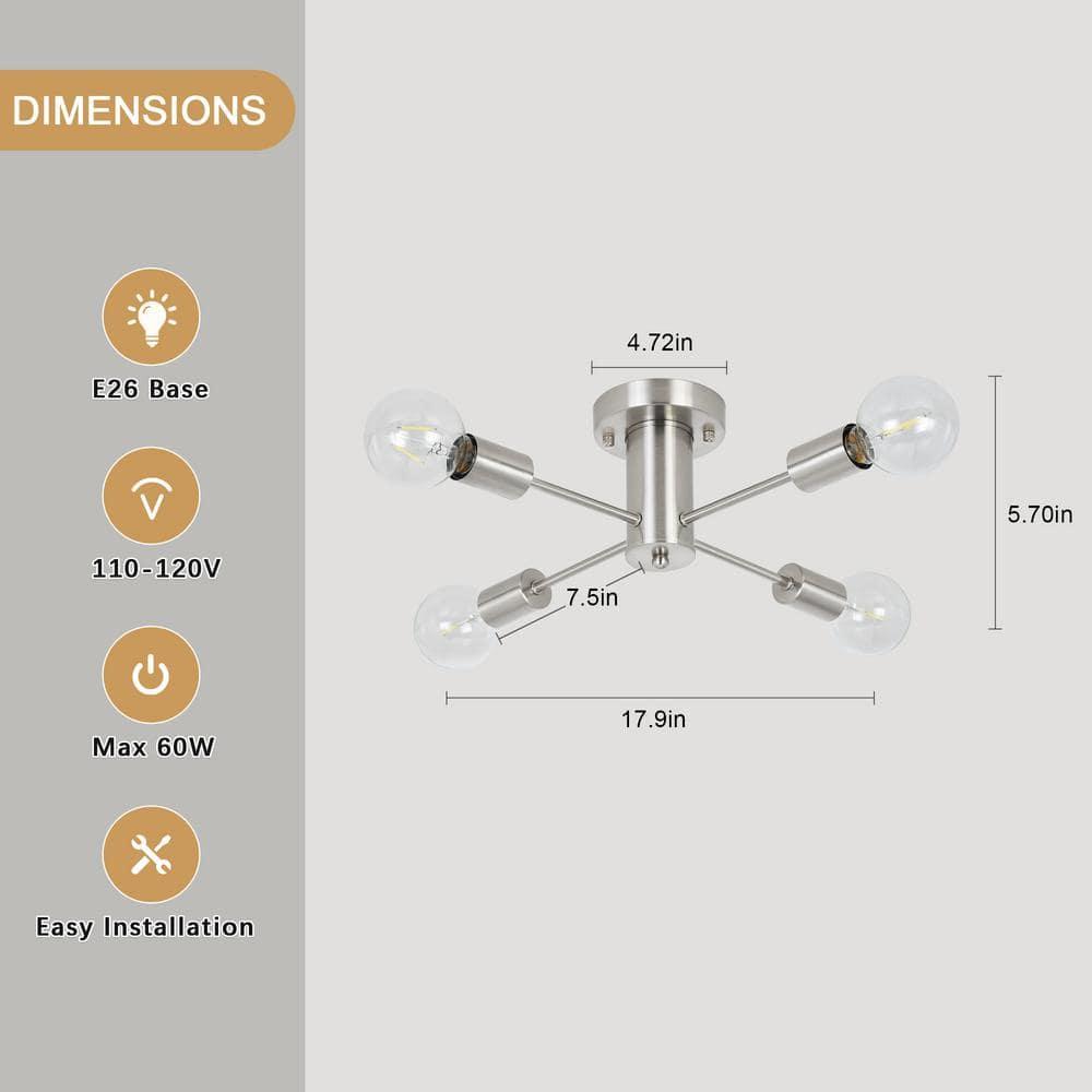 Sputnik Chandeliers, 4 Lights Kitchen Lighting Fixtures Ceiling Brushed Nickel Chandelier, Semi Flush Mount Ceiling Light Fixture for Bedroom Hallway Kitchen Living Room Dining Room