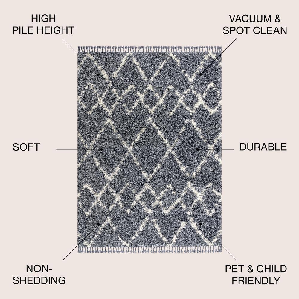 4'x6' Mercer Shag Plush Tassel Moroccan Geometric Trellis Area Rug, Denim/Cream - JONATHAN Y