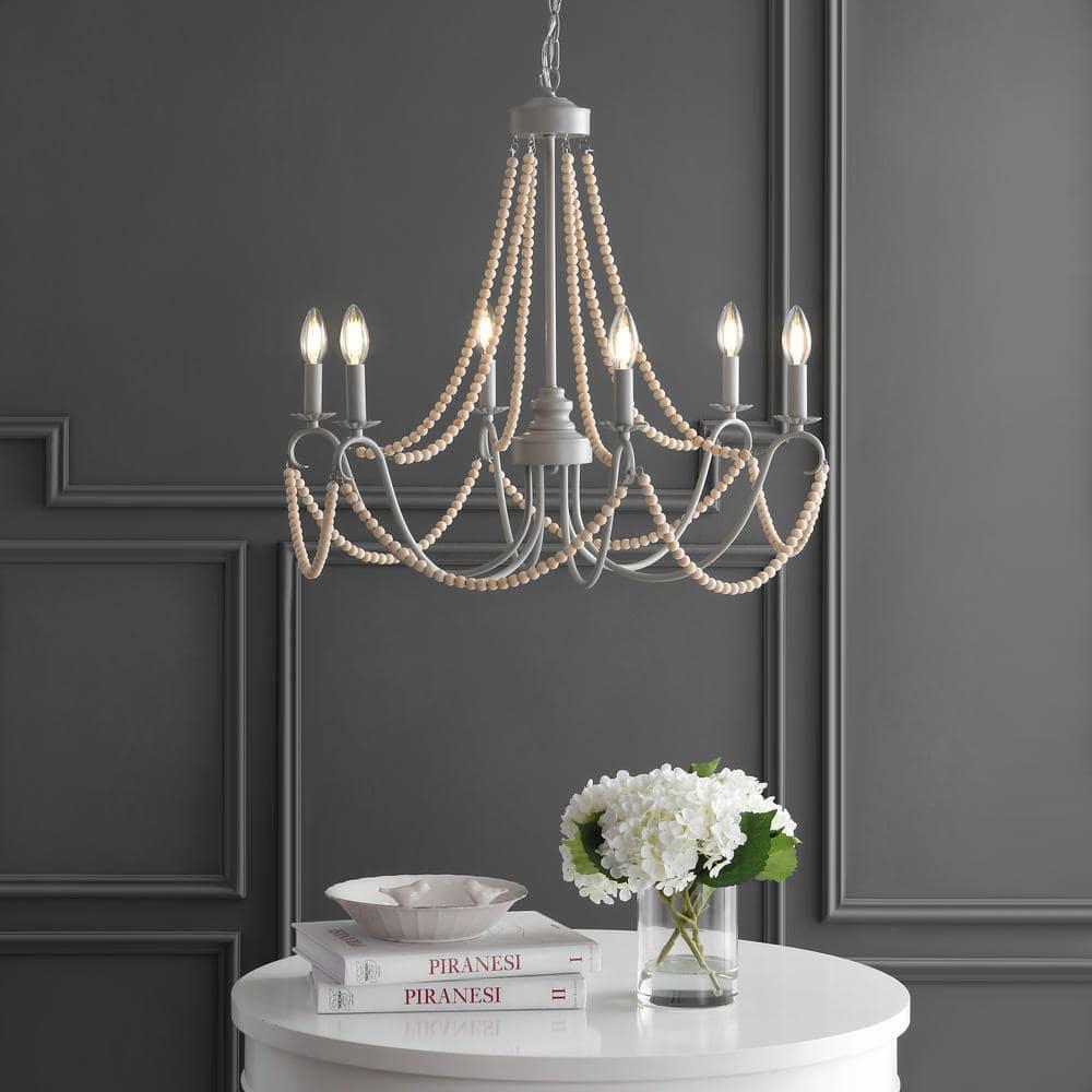 Rustica 6-Light 27" Adjustable Greige Metal/Wood Bead LED Chandelier, Grey/Natural
