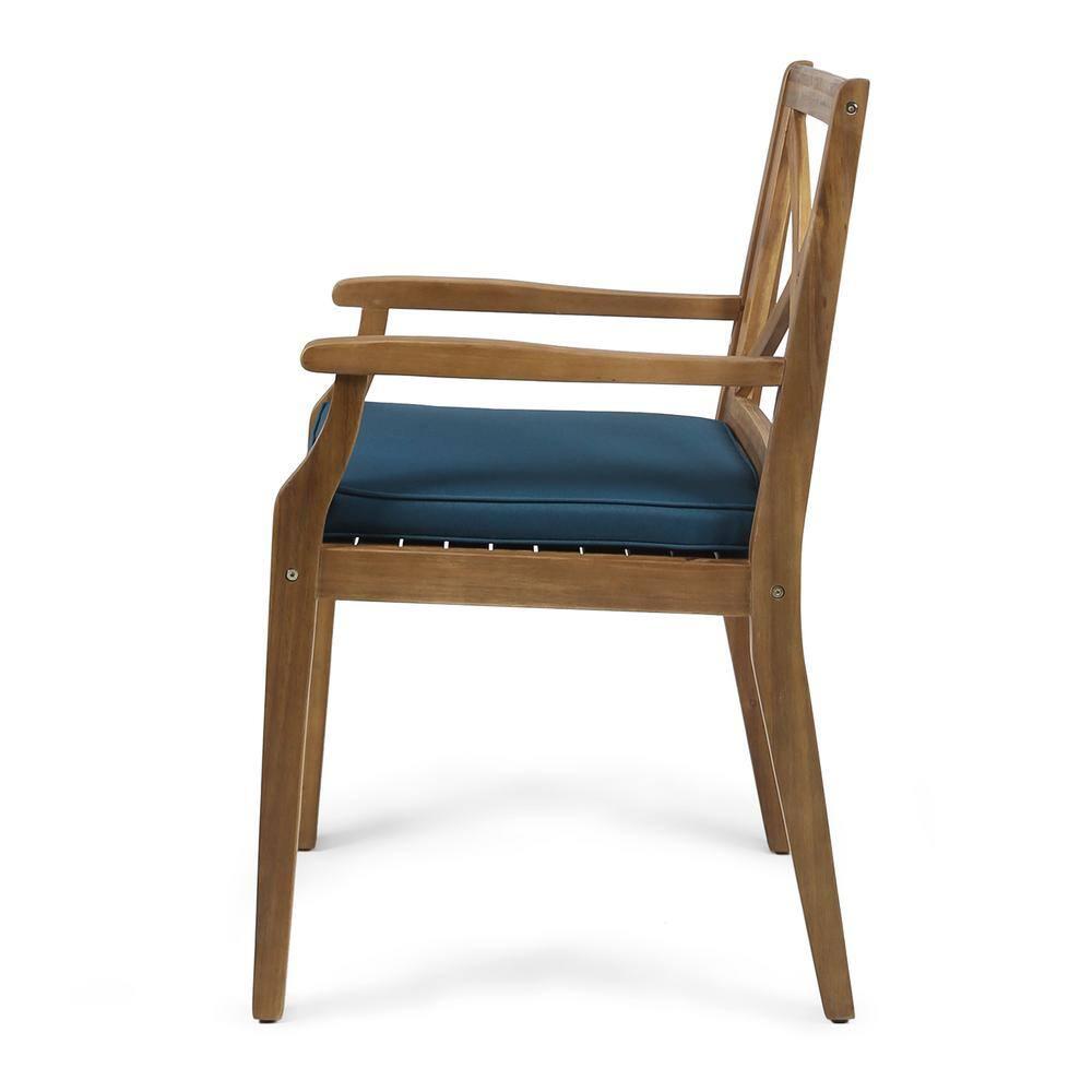 Noble House Perla Wooden Patio Dining Arm Chair in Teak and Blue (Set of 2)