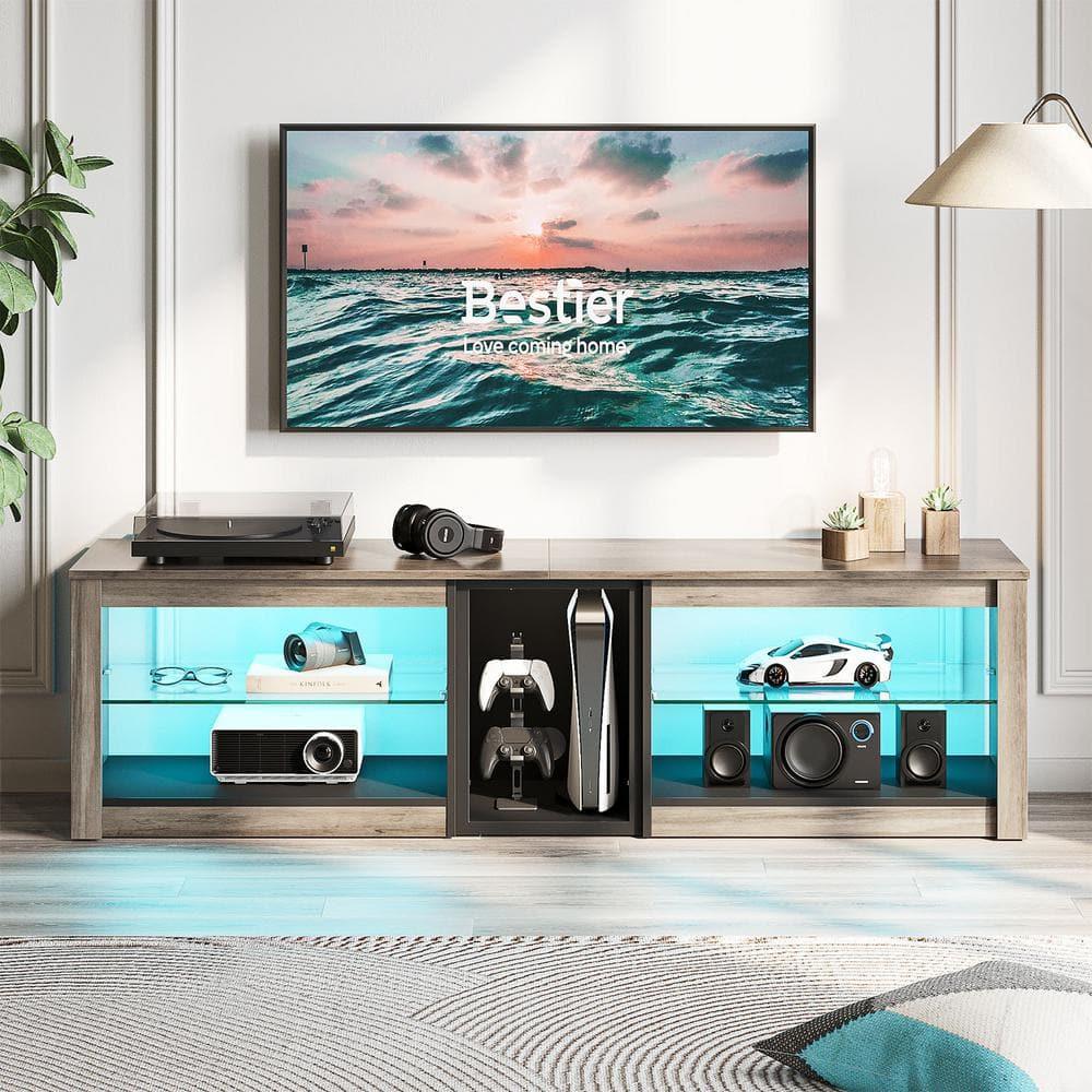 Bestier TV Stand for TVs up to 70" with LED Light, Entertainment Center for PS5 with Shelves, Wash Grey