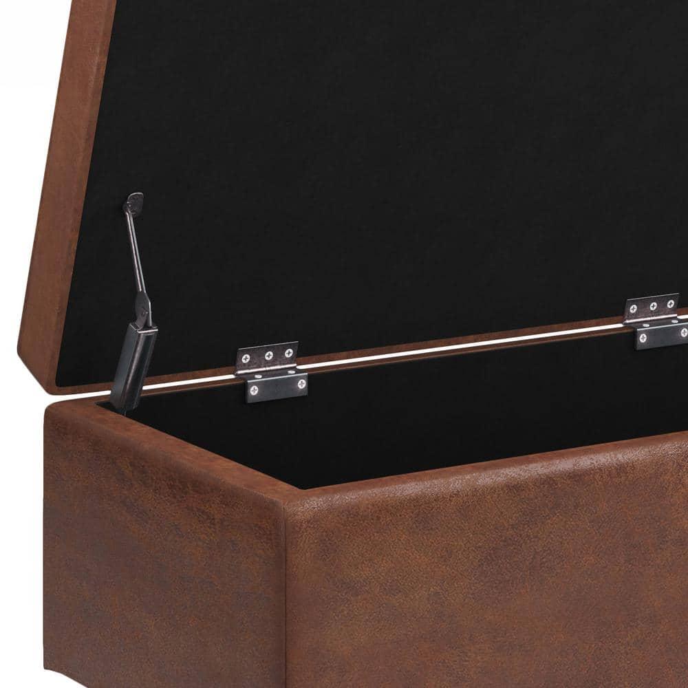 Simpli Home Shay 48 inch W. Modern Storage Ottoman in Distressed Saddle Brown Faux Leather